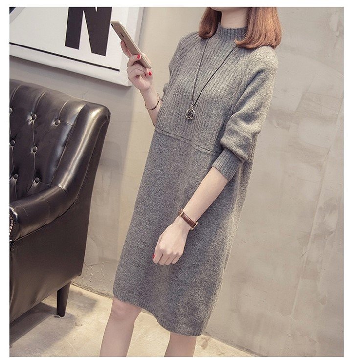 Đầm len midi dài tay dày dặn, form suông thoải mái không kén người mặc, che khuyết điểm tốt, màu xám AL01