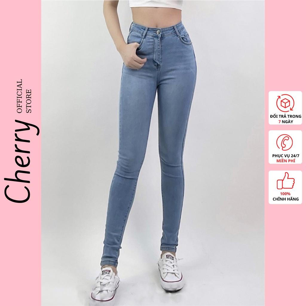 Quần jean nữ lưng cao co giãn dáng ôm có túi CHERRY, quần bò nữ cạp cao ôm bigsize trơn dài basic T022
