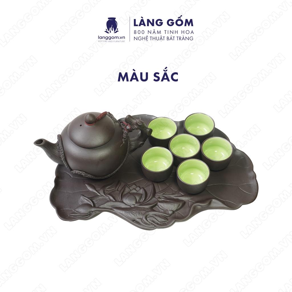 Bộ ấm chén đất nung gốc cây +  khay sen xòe (Màu Đen) - Men mộc - Gốm sứ Bát Tràng - langgom.vn