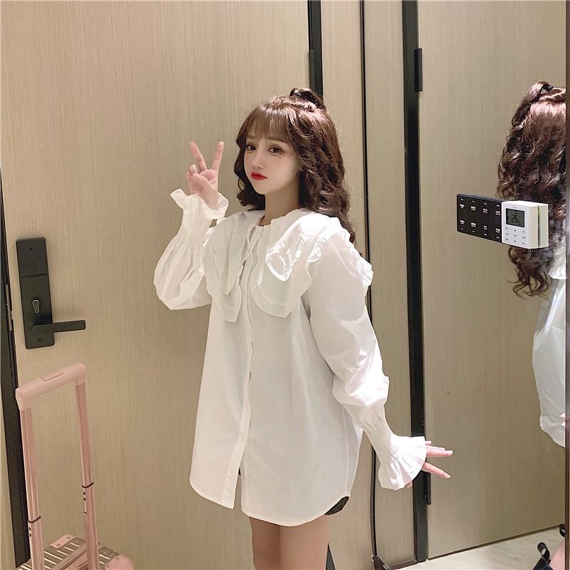 Áo Sơ Mi Trắng Kiểu nữ Công Sở YURITA Dài Tay Bồng Bo Chun From Rộng Cổ Bèo Tầng Tiểu Thư Hàn Quốc UIzzang Vintage