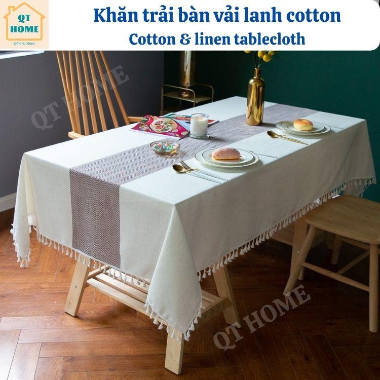 Khăn Trải Bàn Vải Lanh Cotton Sọc Giữa Bàn Thêu Nổi 3 Chiều