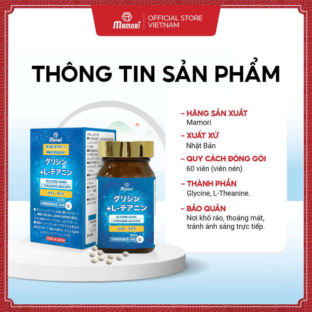 Viên uống MAMORI Glycine L-Theanine giúp giảm căng thẳng - stress, Hỗ trợ ngủ ngon, ngủ sâu giấc (60 Viên)