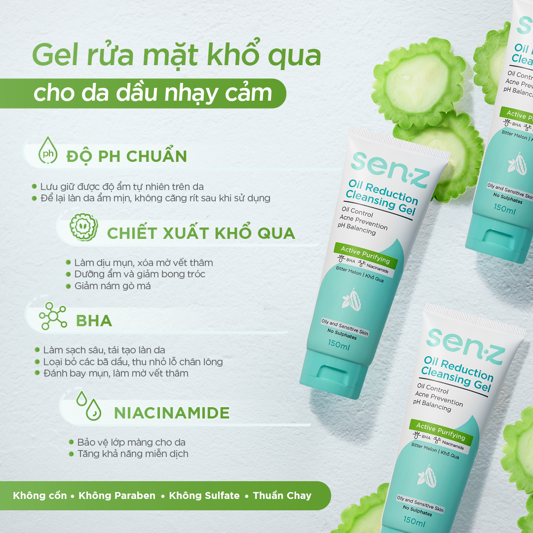 Combo Gel rửa mặt khổ qua SenZ 150ml + Nước hoa hồng toner Simple 200ml