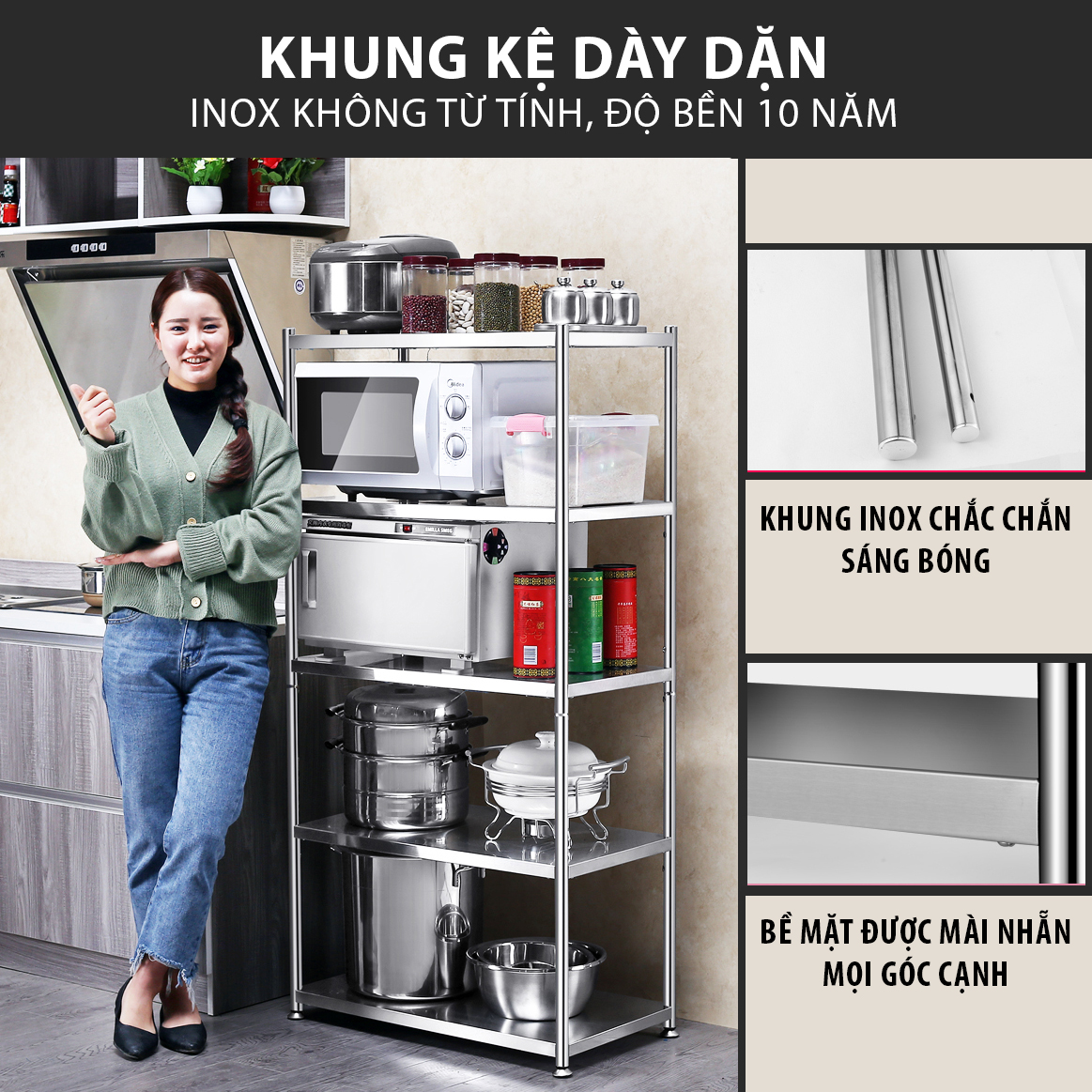 Kệ đa năng để lò sóng Inox 304 trắng chống han gỉ, kệ để đồ nặng nhà bếp cao cấp VANDO kệ tủ tiện lợi