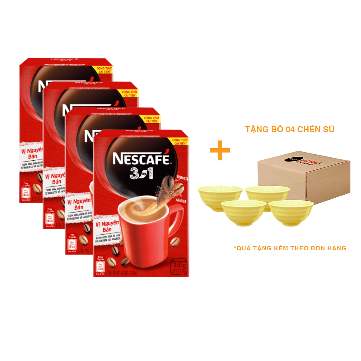 Combo 4 hộp NESCAFÉ 3IN1 Công thức cải tiến - Vị nguyên bản - Hộp 20 gói x 17 g - [Tặng bộ 4 chén sứ Nescafé]