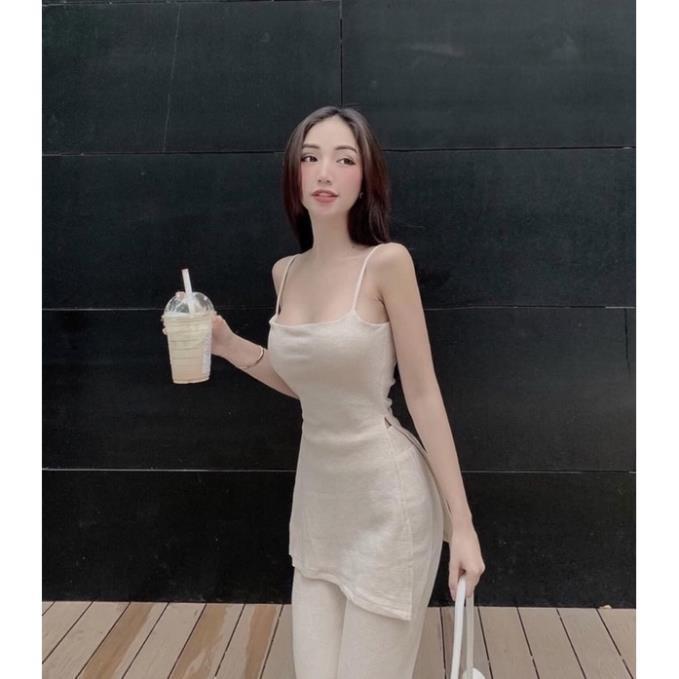 Set áo 2 dây xẻ tà kèm quần ống loe 2 màu