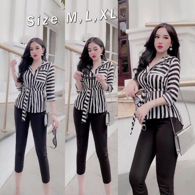 Set nguyên bộ quần lửng áo sơ mi kẽ sọc kèm belt rời