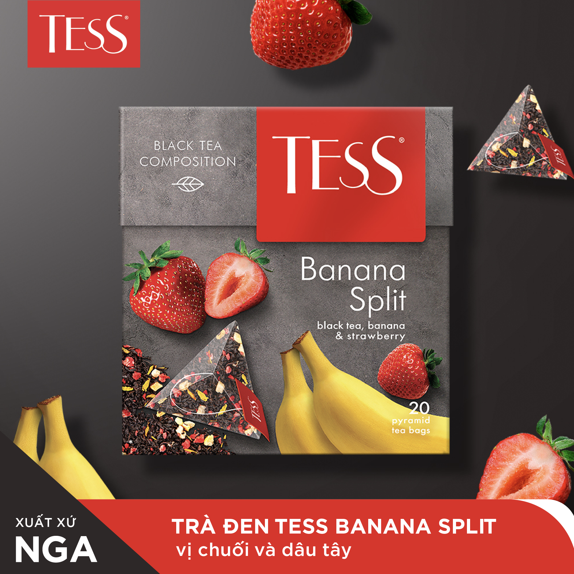 Combo 12 hộp Trà đen Tess Banana Split vị chuối và dâu tây 20 gói/hộp