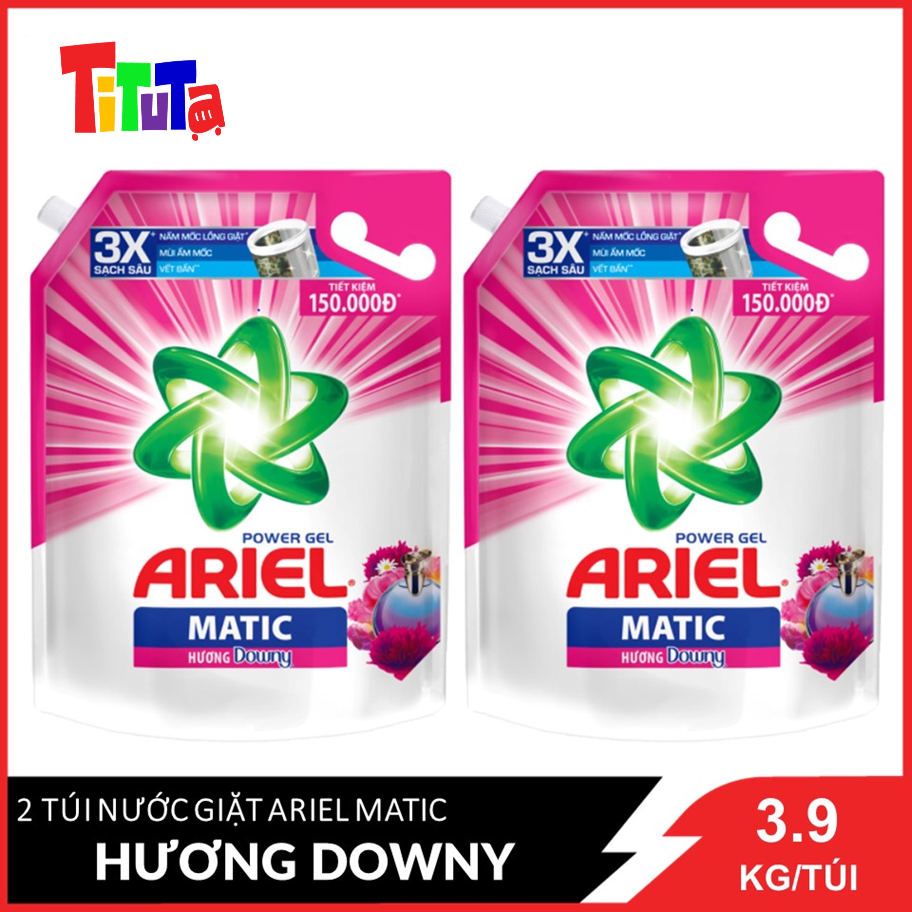 Combo 2 Túi Nước Giặt Ariel Matic Hương Downy Thơm Dài Lâu 3.9kg/túix2