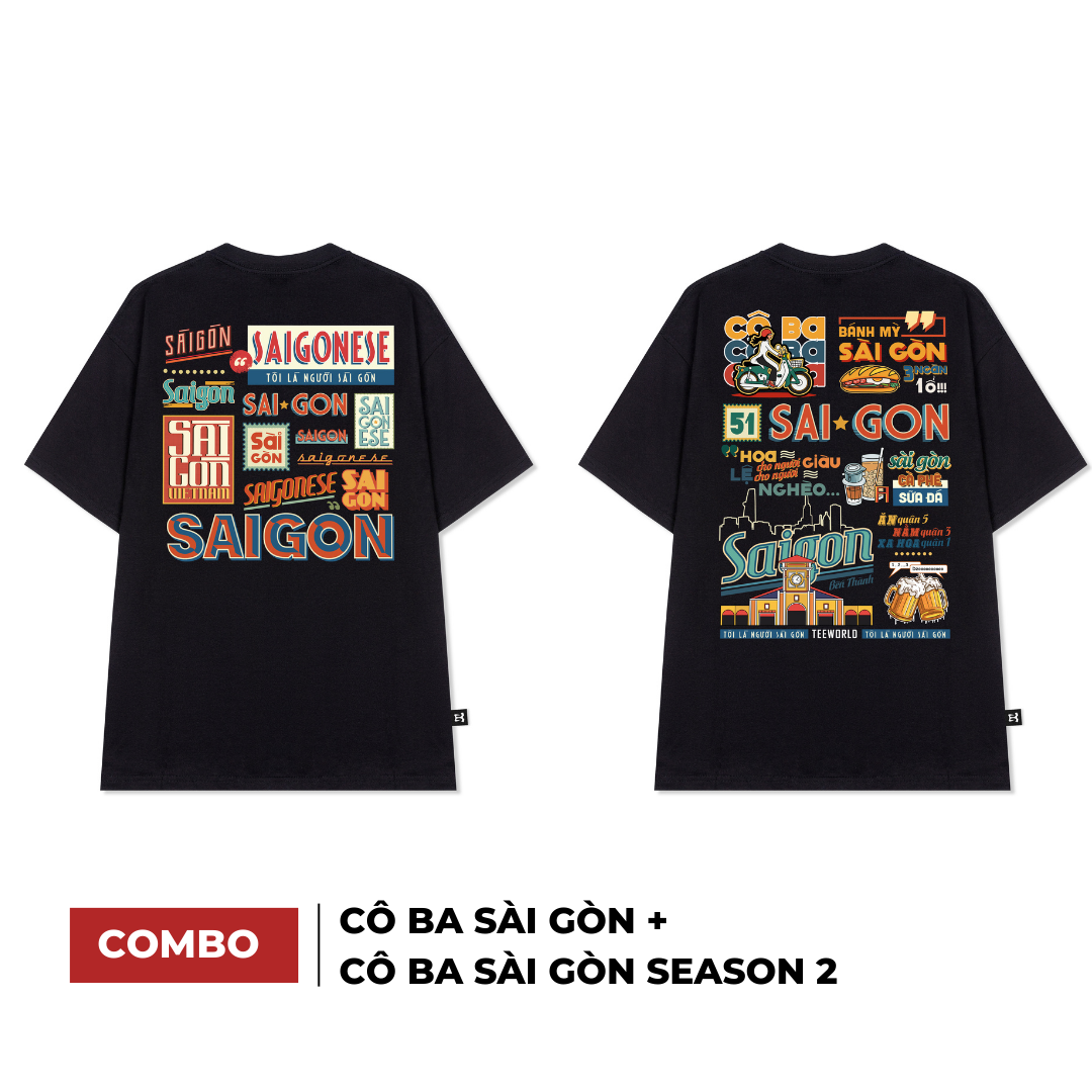 Combo Áo Thun Local Brand Teeworld Cô Ba Sài Gòn & Cô Ba Sài Gòn Season 2 Nam Nữ Đen Form Rộng Unisex