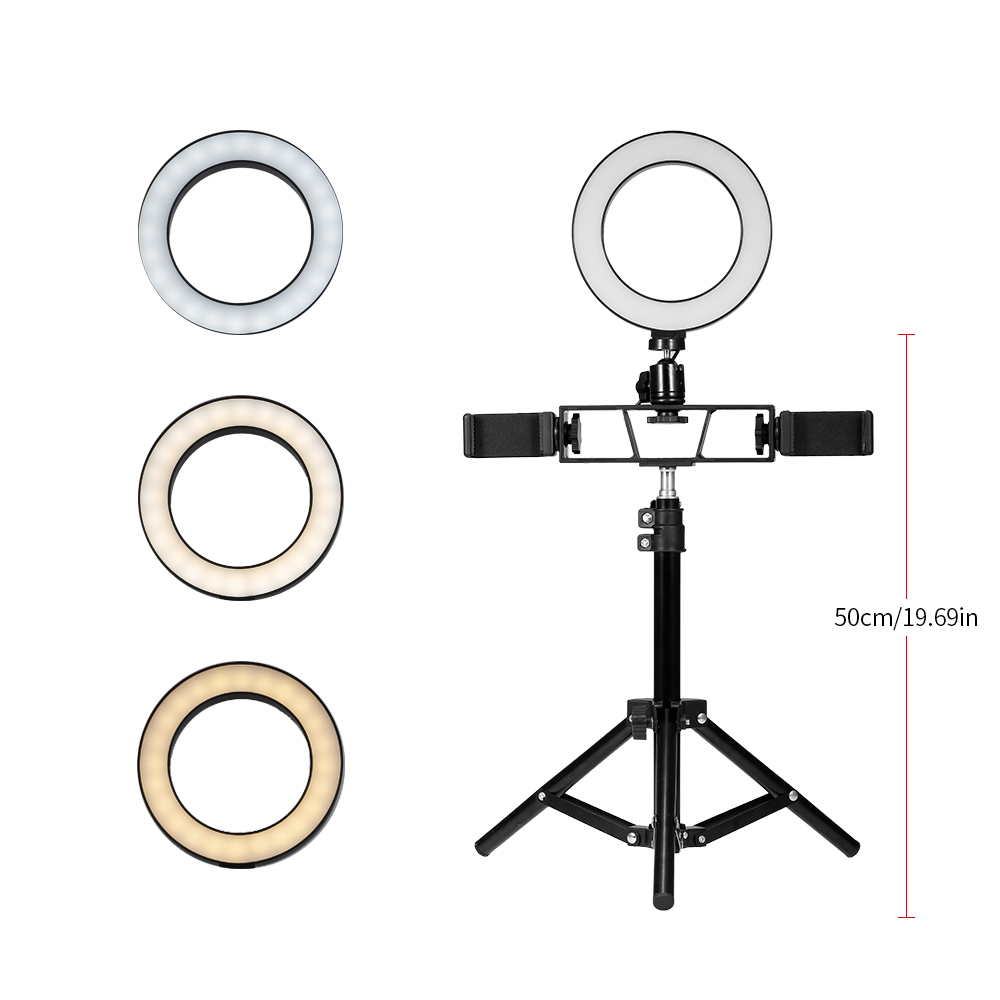 Đèn LED Vòng 6 Inch Để Bàn Có Giá Đỡ Điện Thoại Kép Với Chân Đế 50cm Và Đầu Cắm USB Thay Thế