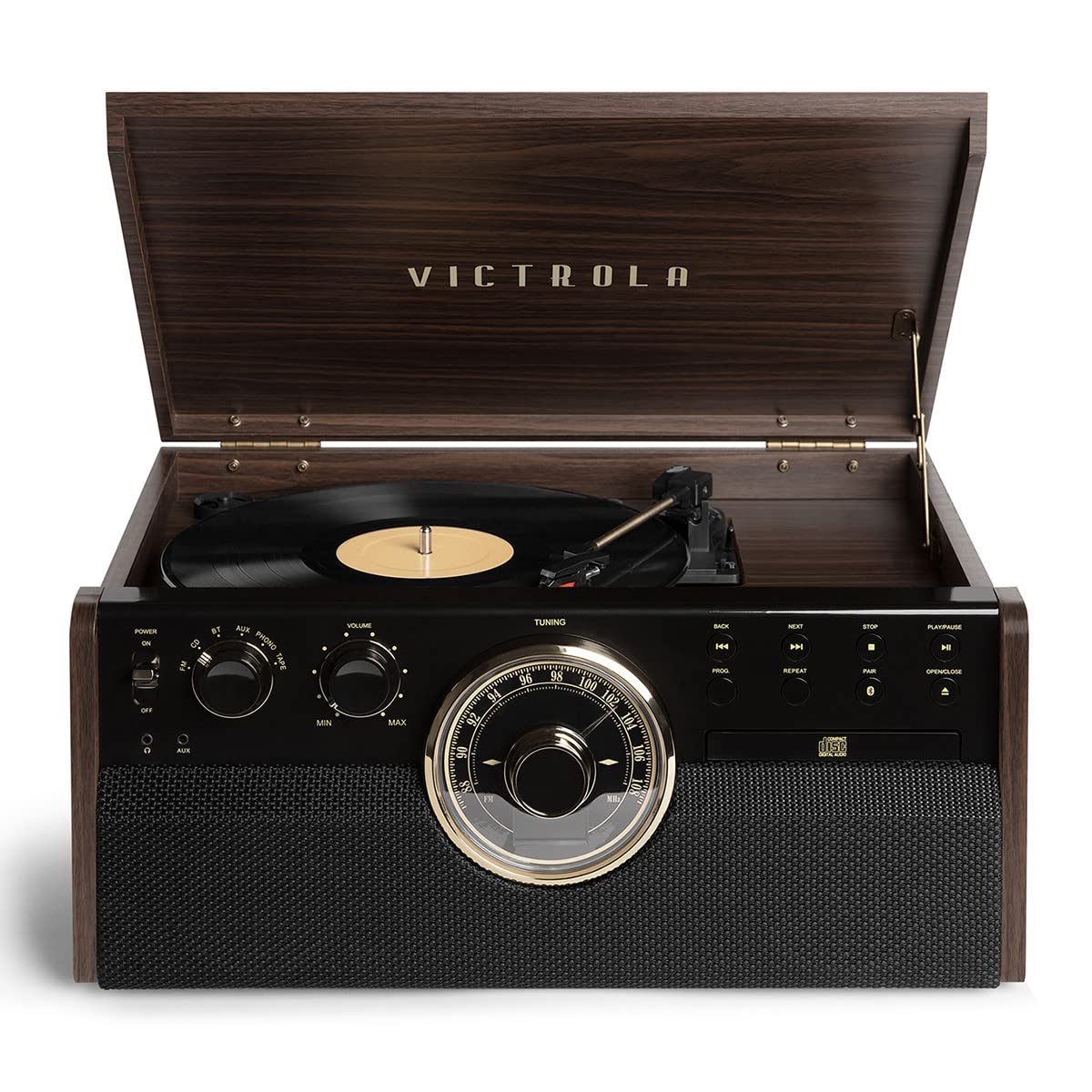Victrola Empire 6-in-1 Mid Century Modern BT 3- Speed Turntable/CD/Cassett e/Radio - New 100%