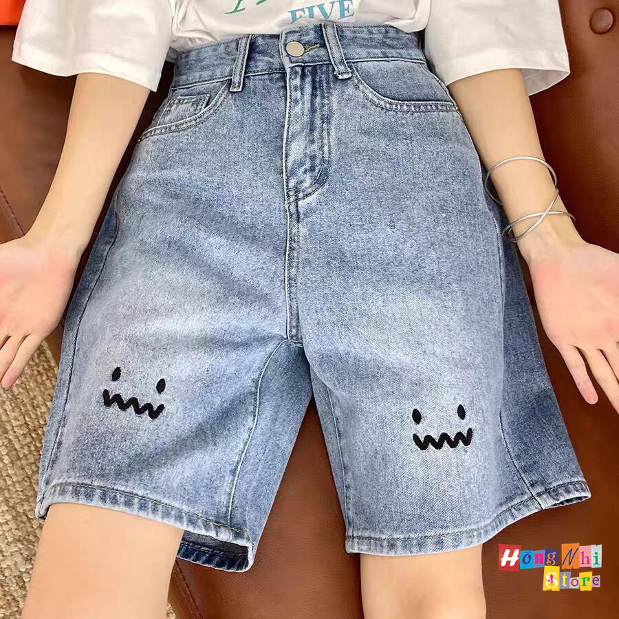 Quần Short Jean Ngố Đùi Thêu Mặt Cười Cạp Cao Ống Rộng Ulzzang - MM