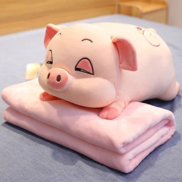 Gối Có Mền Hình Heo Mắt Hí Phê Cần, Chăn Gối Văn Phòng 3in1 Vải Lông Nhung