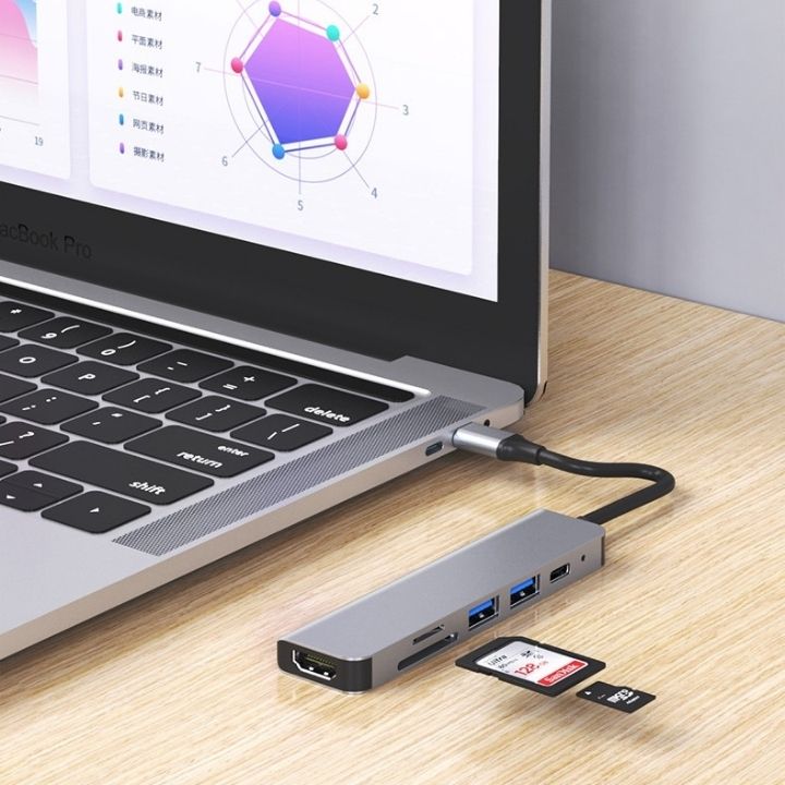 Thiết bị mở rộng USB type C Thunderbolt 3 ra 6 cổng HDMI/ USB 3.0/ Thẻ nhớ TF, SD cho Macbook