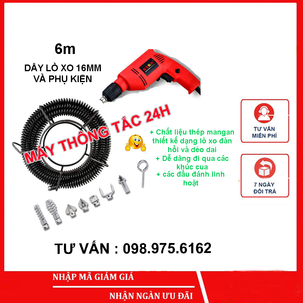 Dây thông tắc cống lò xo  dùng cho máy khoan dài 6m