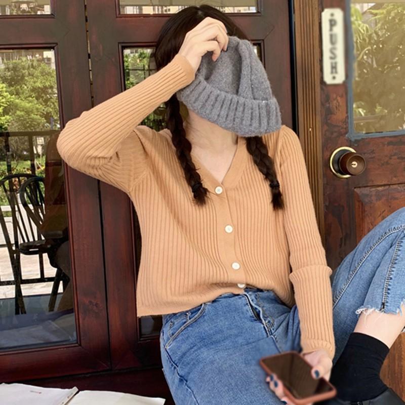 Áo Cardigan Dệt Kim Tay Dài Phối Nút Thiết Kế Cổ Chữ V Thanh Lịch