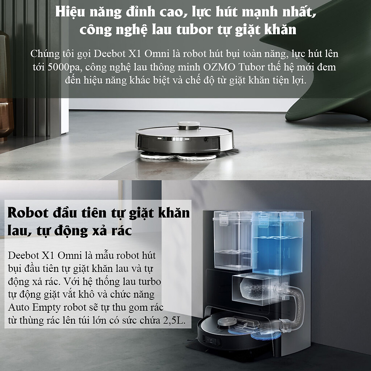 Robot Hút Bụi Lau Nhà Tự Đổ Rác Và Giặt Giẻ Ecovacs Deebot X1 Omni Thông Minh Công Suất Hút Lên Tới 5000pa Hệ thống AIVI 3D Thế Hệ 2 Có Sức Mạnh Tính Toán Hơn 8 Tần T8 Aivi, 16 Lần T9 - Hàng Chính Hãng