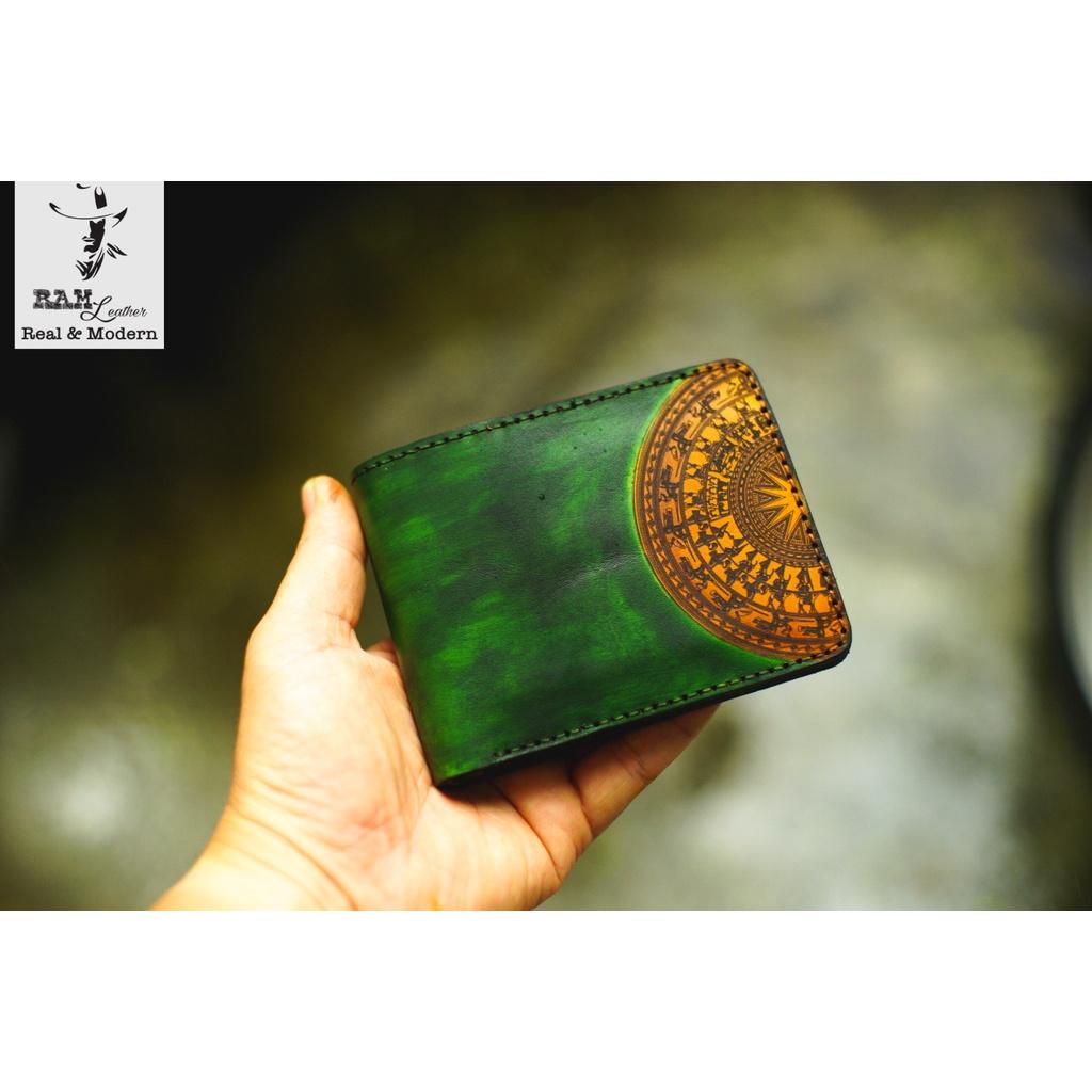 Ví nam trống đồng xanh lá  da bò thảo mộc handmade bền chắc cao cấp dáng ngang - chính hãng RAM Leather