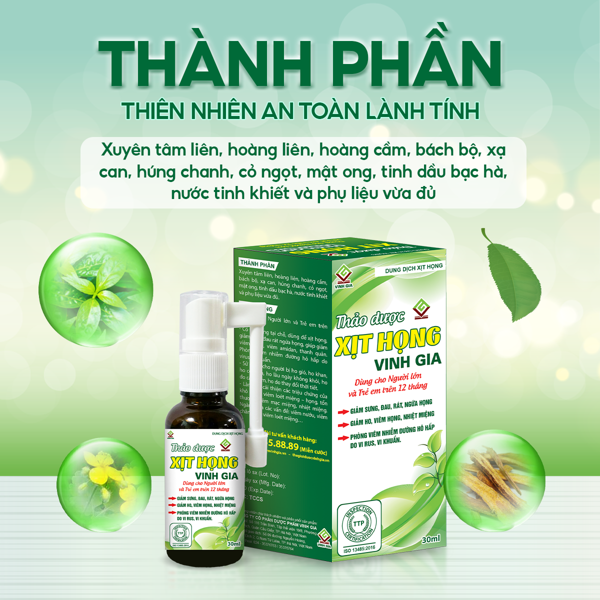 Xịt Họng Thảo Dược VINH GIA Giảm Ho, Viêm Họng Hạn Chế Loét Miệng Dùng Cho Người Lớn Và Trẻ Em Trên 12 Tháng Tuổi - 30ml