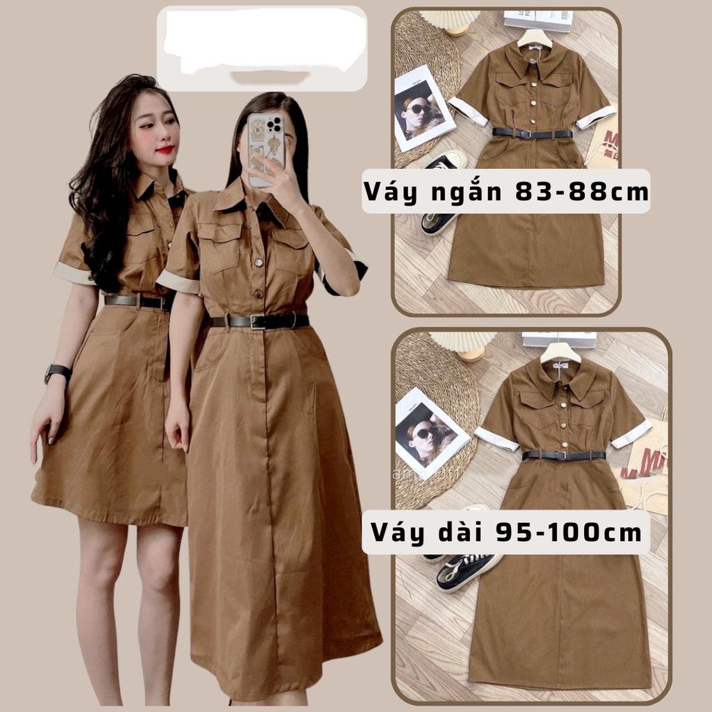 Váy sơ mi chất kaki thô cổ đức cộc tay viền trắng có 2 loại váy dài và ngắn đầm maxi babydoll nâu