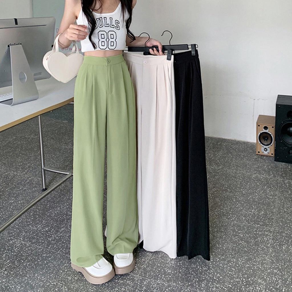 Quần ống rộng nữ cạp lưng cao 1 cúc dáng dài ống đứng , chất liệu co giãn nhẹ nhàng thích hợp đi học , đi làm MS: 1