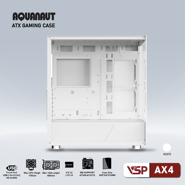 Vỏ máy tính Case VSP Aquanaut AX4 [TRẮNG] 2 mặt kính (ATX/M-ATX/mATX) (Không kèm Fan) - Hàng chính hãng Tech Vision phân phối