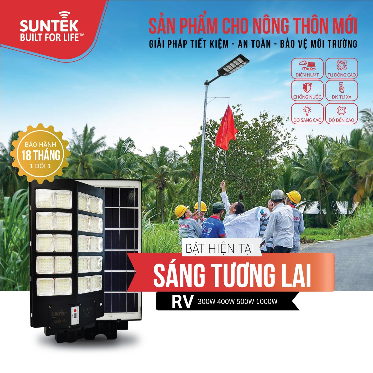 Đèn Đường Liền Thể Năng Lượng Mặt Trời SUNTEK RV-500W - Sáng suốt đêm 10-12 giờ | Tự động Bật/Tắt | Điều khiển Từ Xa | Chống Nước/Bụi/Sét | Tuổi thọ bóng LED 50.000 giờ - Hàng Chính Hãng - Bảo hành 18 tháng 1 đổi 1