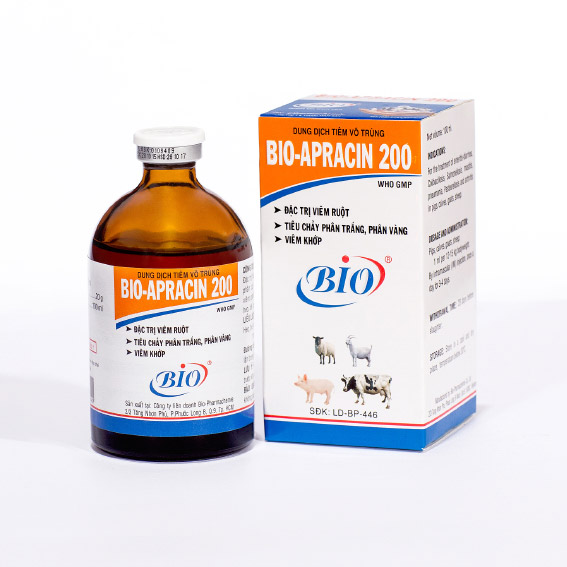 Dung dịch tiêm vô trùng BIO-APRACIN200 đ.ặc t.rị viêm ruột, tiêu chảy phân trắng, phân vàng, viêm khớp trên bê, nghé, heo, dê, cừu, chó mèo