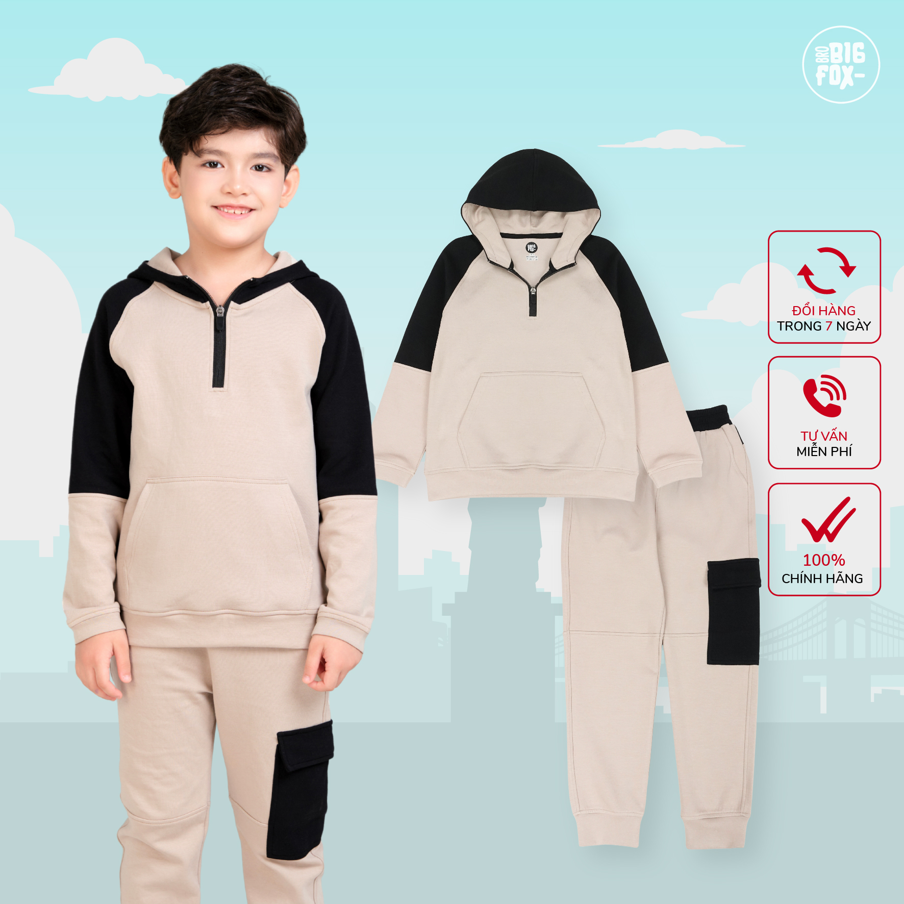 Bộ đồ thu đông cho bé trai size đại Bigfox Miss Meow áo hoodie có mũ quần jogger túi hộp 8-15 tuổi