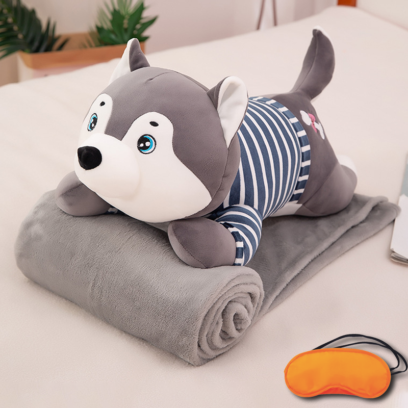 Gối mền CHÓ HUSKY XÁM 3 trong 1, gấu bông kèm chăn gối ngủ trưa văn phòng, du lịch, cho bé, gối sofa tiện lợi (Tặng Bịt mắt ngủ màu ngẫu nhiên)