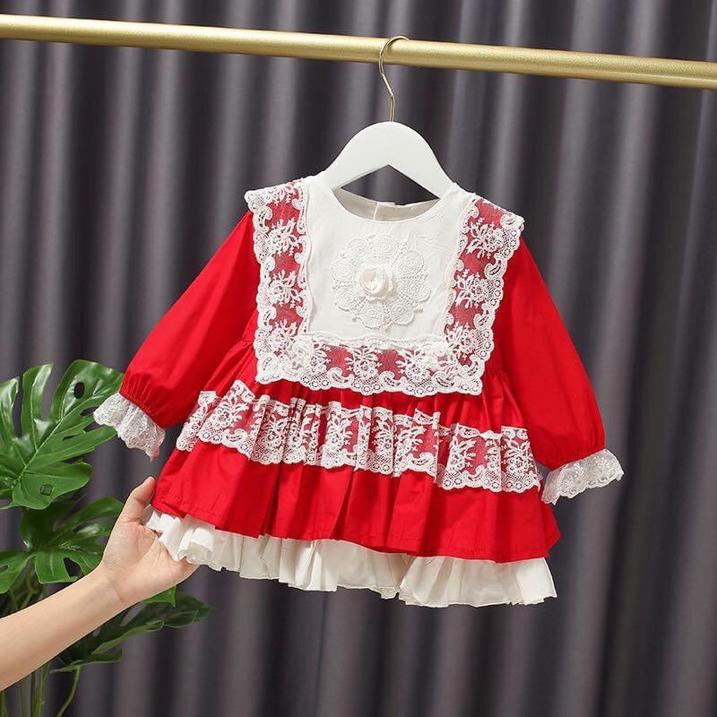 Đầm váy công chúa bé gái dài tay chất kate lụa phối ren màu đỏ cho bé từ 10kg đến 22kg