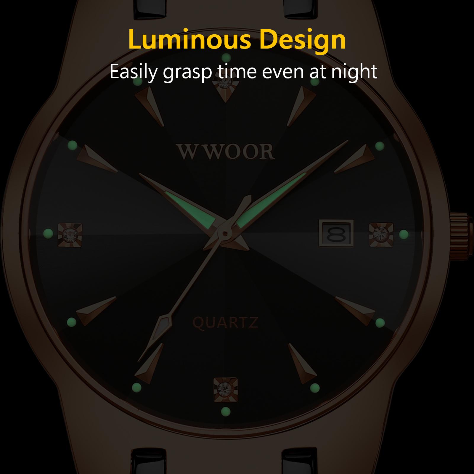 Đồng hồ đeo tay nam WWOOR Quartz Watch mặt số kim cương,con trỏ phát sáng 30M - Vàng hồng và đen