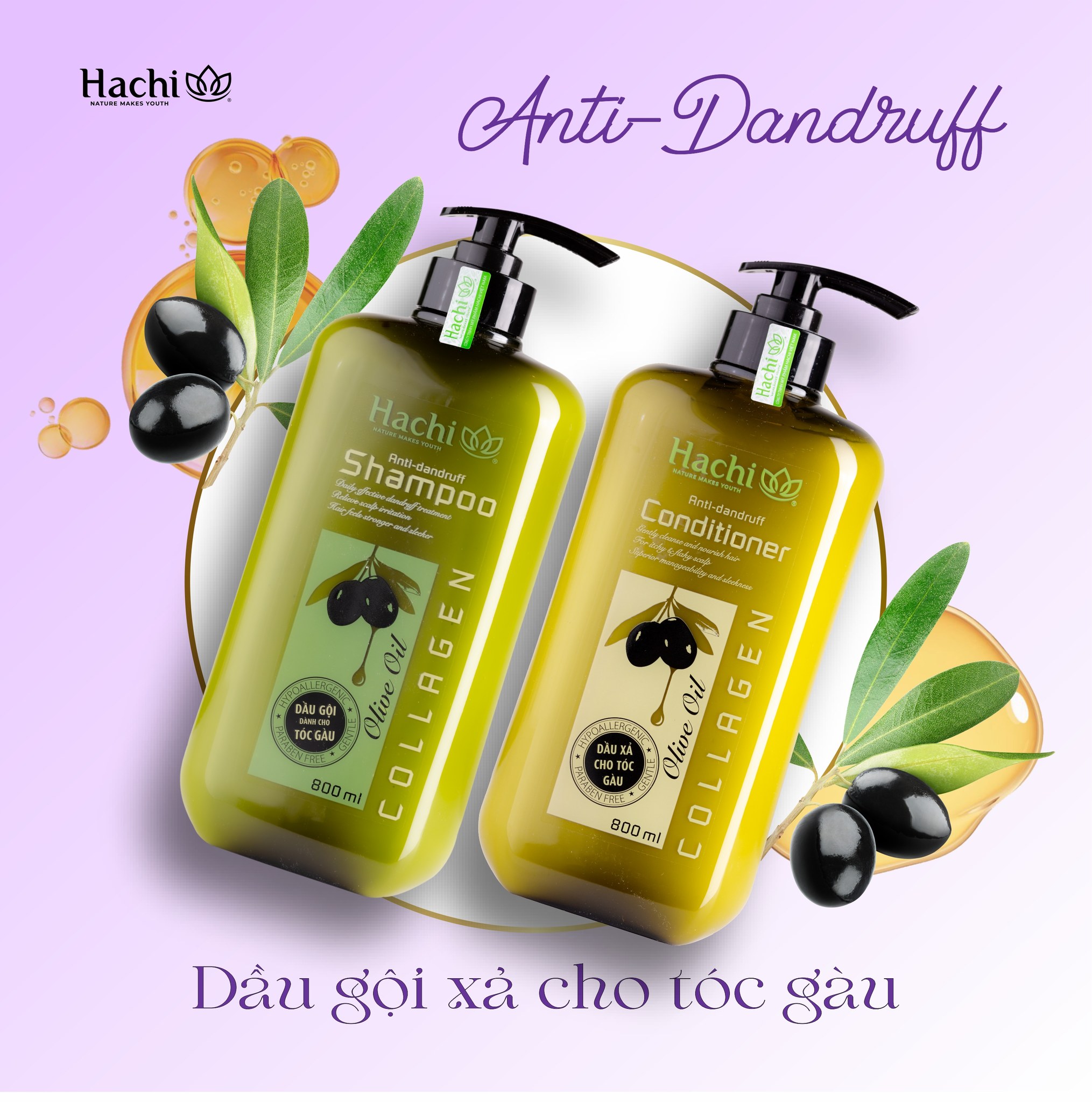 Bộ sản phẩm dầu gội - xả HACHI hỗ trợ điều trị gàu tinh chất Olive - Anti - dandruff