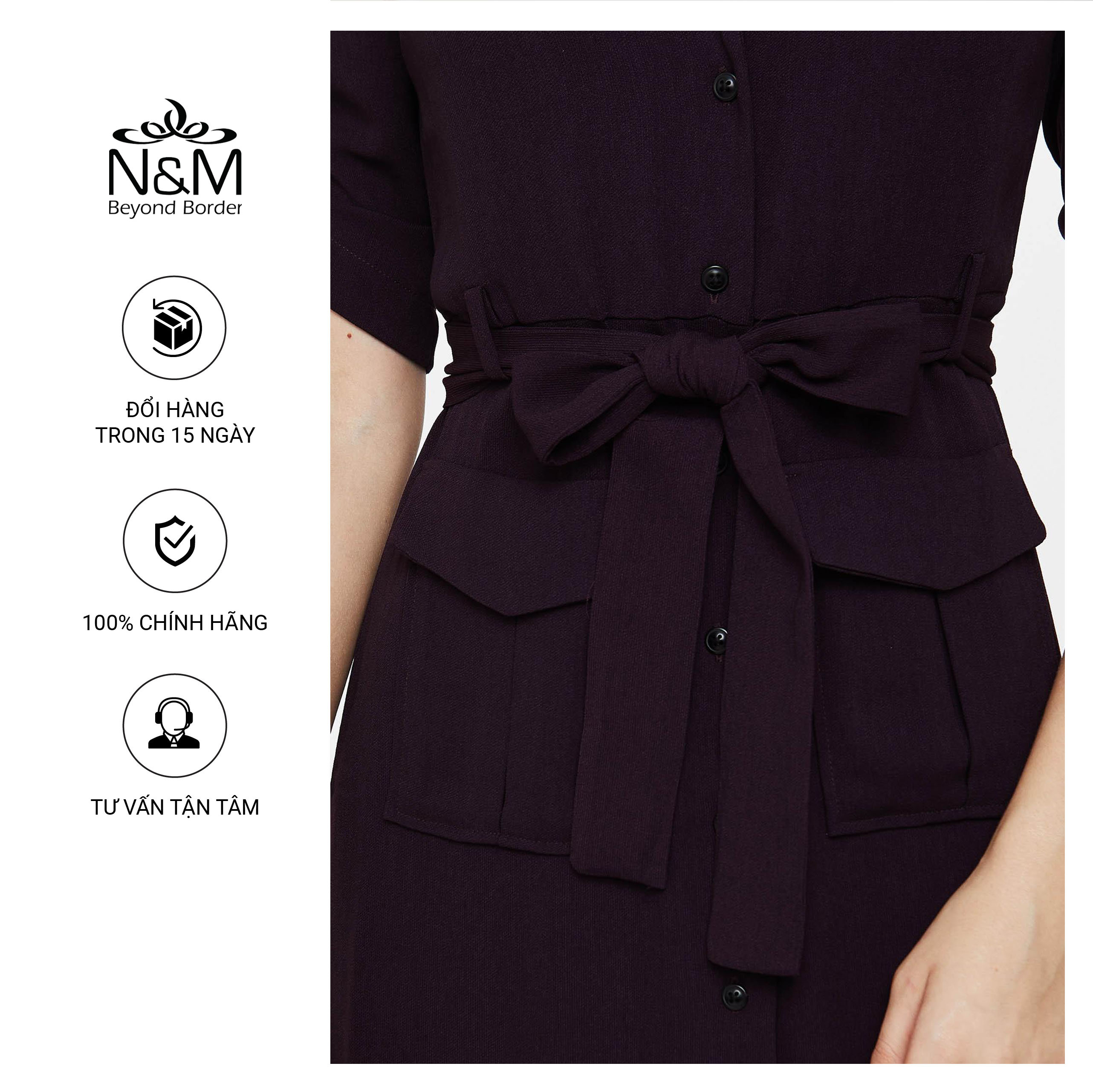 Đầm Nữ công sở tay ngắn cổ tim dáng suông màu tím đậm N&amp;M  mã 1905161