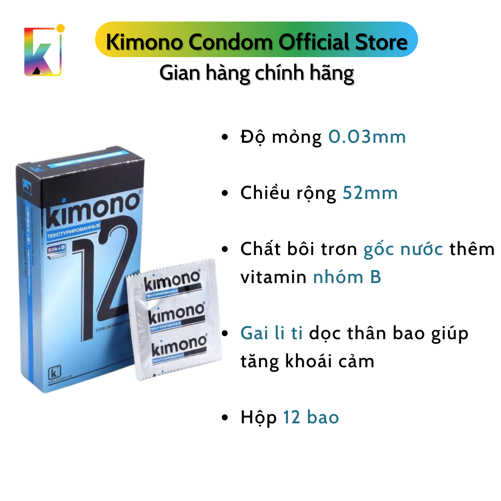 Bao cao su Kimono Blue Siêu mỏng 0.03mm - Gai nổi - Hộp 12 bao