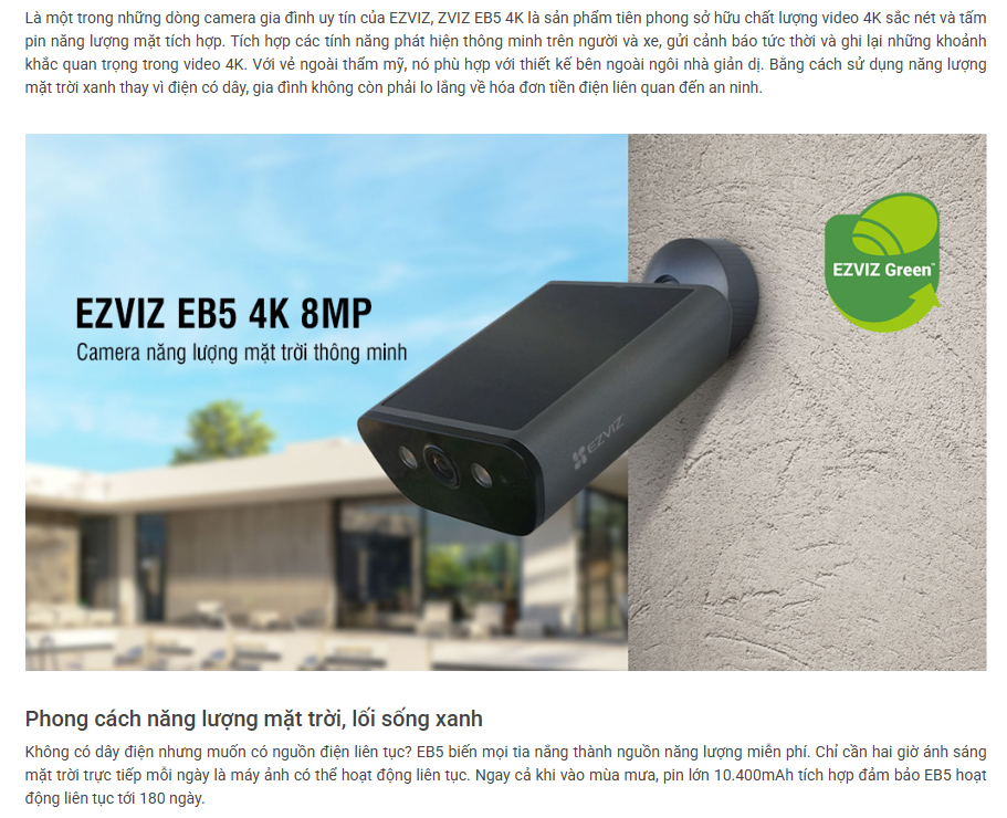 Camera Wifi dùng pin EZVIZ EB5 4K 8MP, nhận diện được người với AI, Phát hiện phương tiện, thú cưng - HÀNG CHÍNH HÃNG