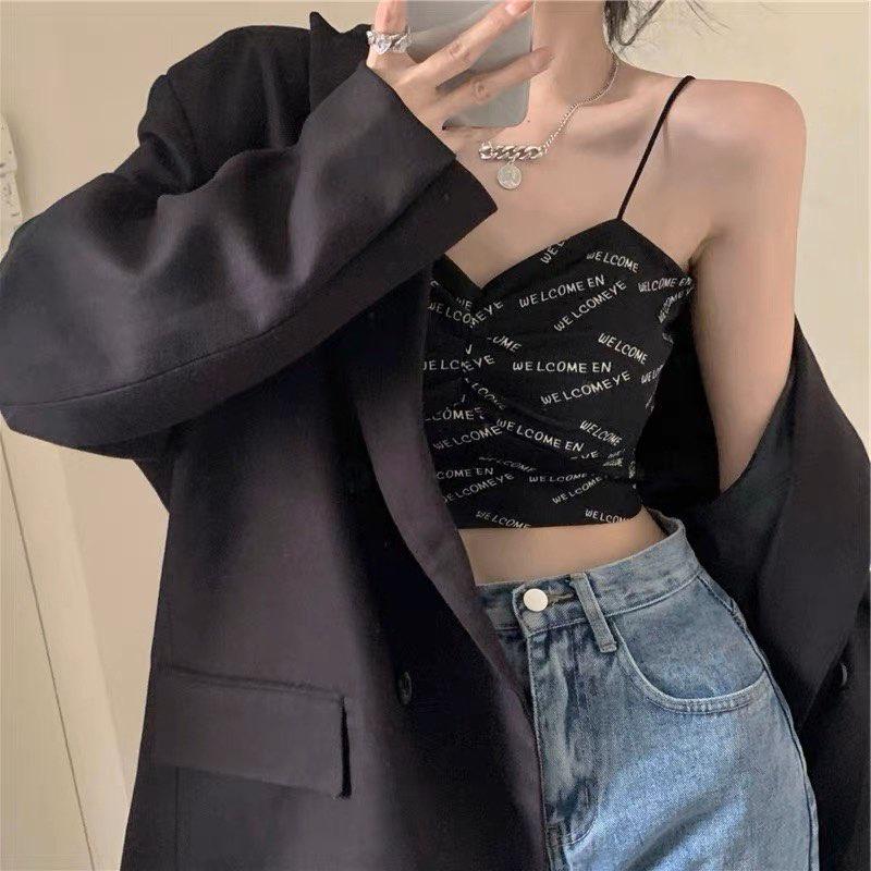 M196. Áo 2 dây có mút ngực croptop in chữ cá tính, áo kiểu nữ đẹp sang chảnh 2023