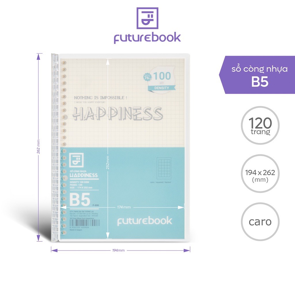 FUTUREBOOK-Sổ Còng Nhựa Happiness B5 26Chấu-120 Trang-Định Lượng 100Gsm.Dòng kẻ CARO . MÃ SP B890