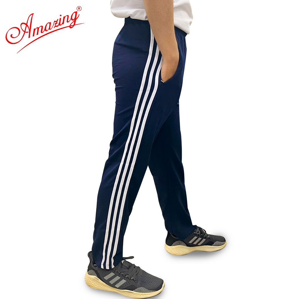 Quần thể thao co giãn 4 chiều màu đen và xanh 3 sọc  Amazing cho bé trai,lưng chun,2 túi dây kéo