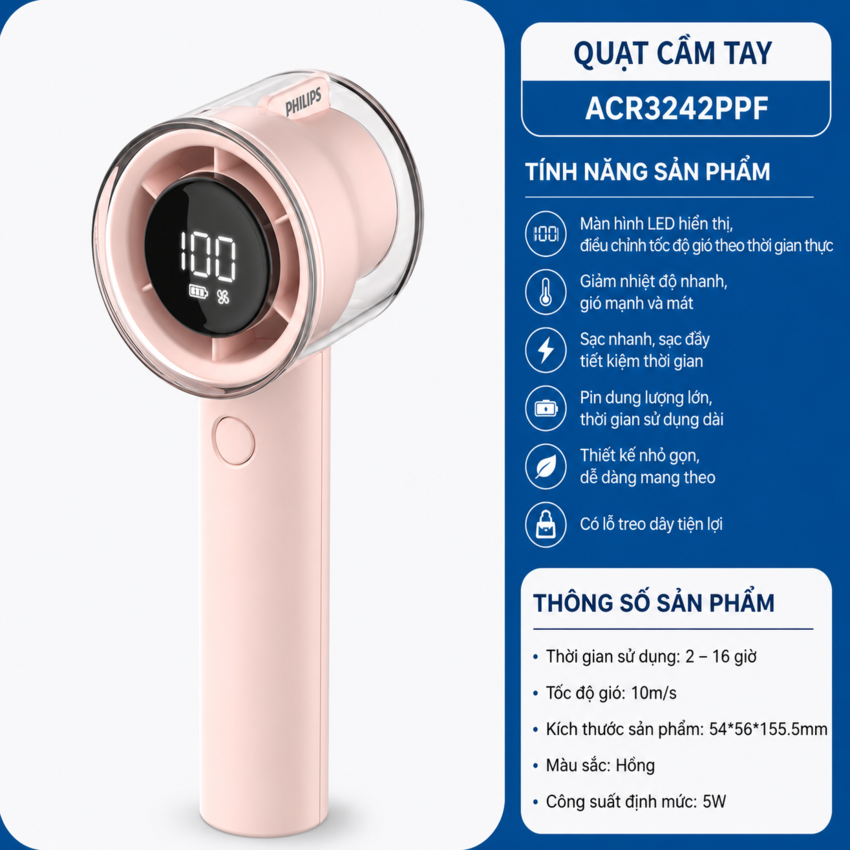 Quạt mini cầm tay USB thương hiệu Hà Lan cao cấp Philips ACR3242PPF serial 3000, 100 cấp độ gió, pin 3000mAH - Hàng chính hãng