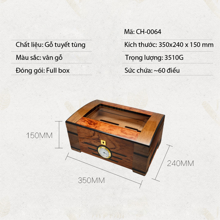 Hộp Đựng Tủ Giữ Ẩm Cigar CH0064 Bảo Quản 100 Điếu Chất Liệu Gỗ Tuyết Tùng Cao Cấp