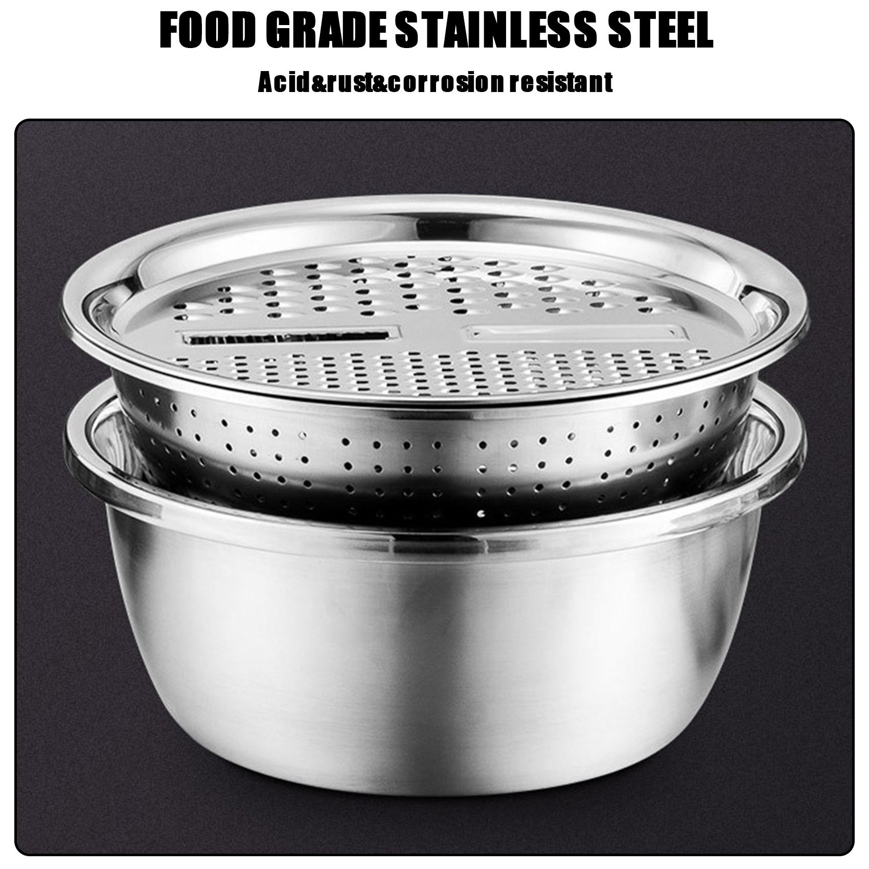 3 in 1 Kitchen Basin Grater Multipurpose Colander Slicer Cutter Shredder With Lid Stainless Steel Slicer