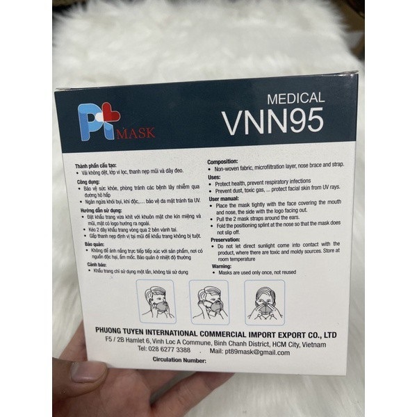 Hộp 10 Cái Khẩu Trang VNN95, Có Bông, kháng Khuẩn, Chống Bụi Siêu Mịn PM2.5, Màu Trắng - Đạt Các Chứng Chỉ ISO 13485, ISO 9001, CE, FDA, TGA.