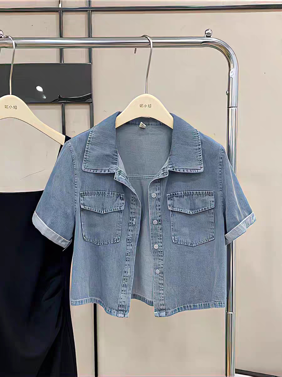 Áo khoác bò dáng croptop tay ngắn trẻ trung áo khóa mùa hè một hàng cúc chất liệu denim cá tính năng động