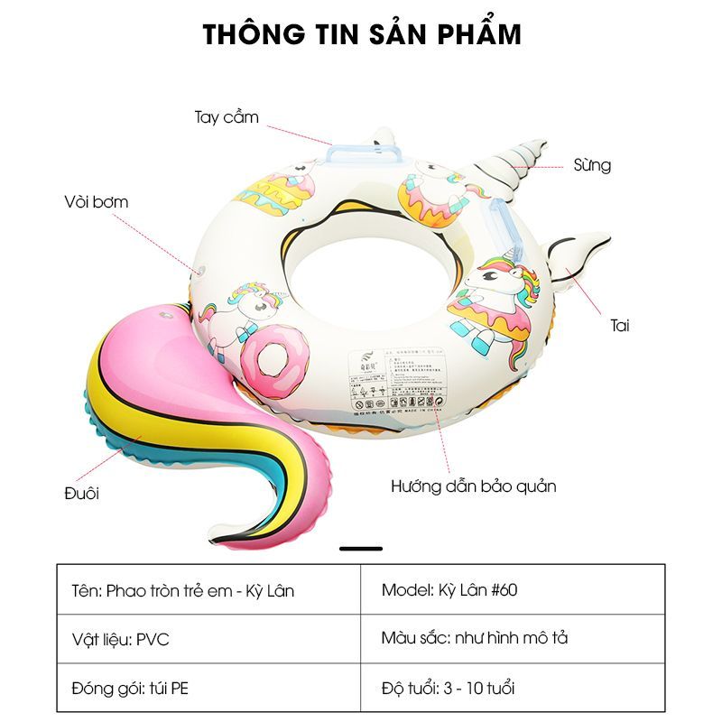 Phao bơi hình tròn cho trẻ dễ thương Kỳ Lân DJS-98 60cm Sportslink