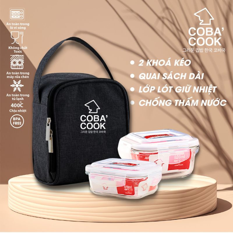 Hộp đựng cơm thủy tinh chịu nhiệt COBA'COOK 1 hộp 520ml và 1 hộp 370ml TẶNG 1 túi giữ nhiệt vuông - CCS5L32BS