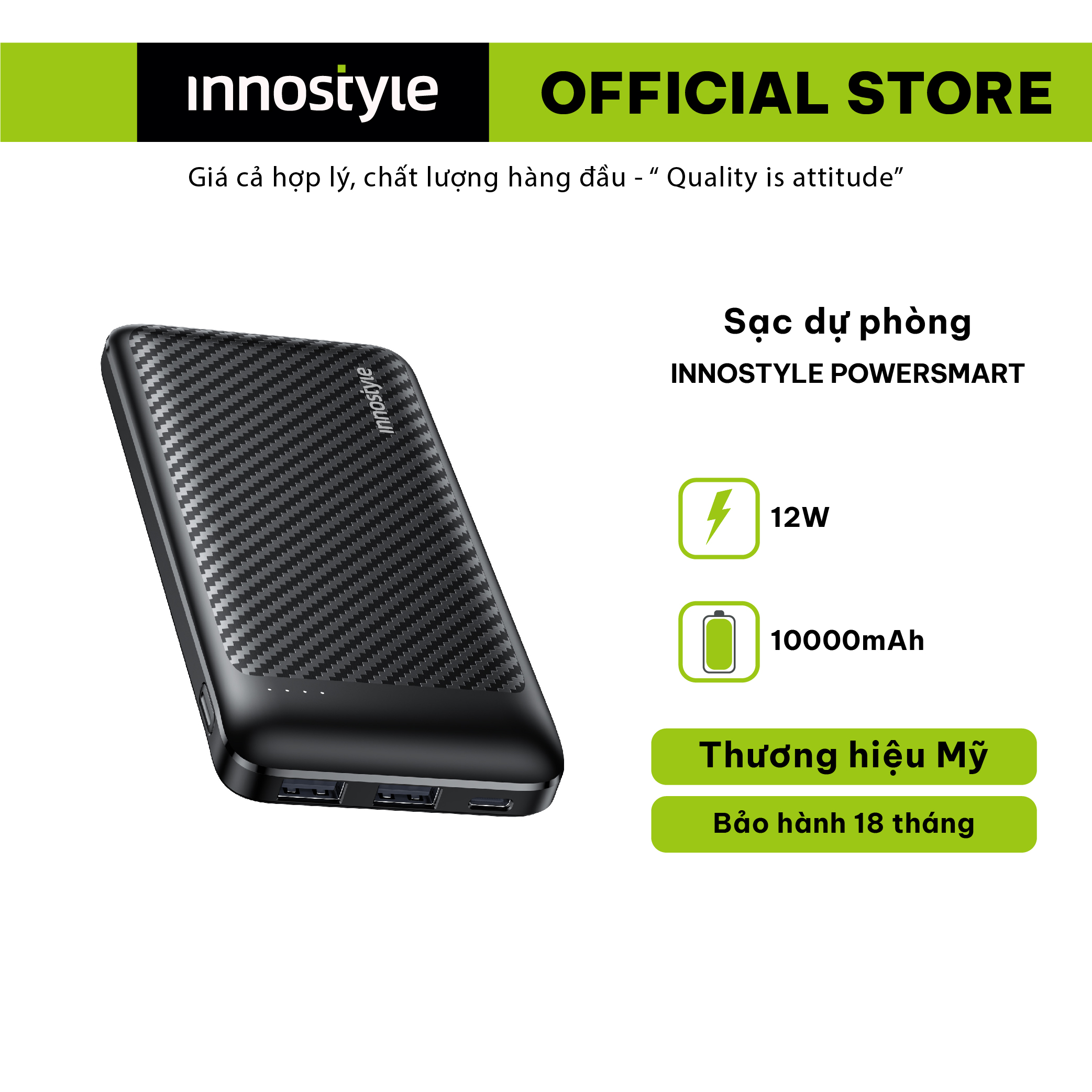 Pin Sạc Dự Phòng Innostyle Powersmart 10000MAH 12W IP12SA - Công suất sạc 12W, dung lượng cao - Hàng chính hãng