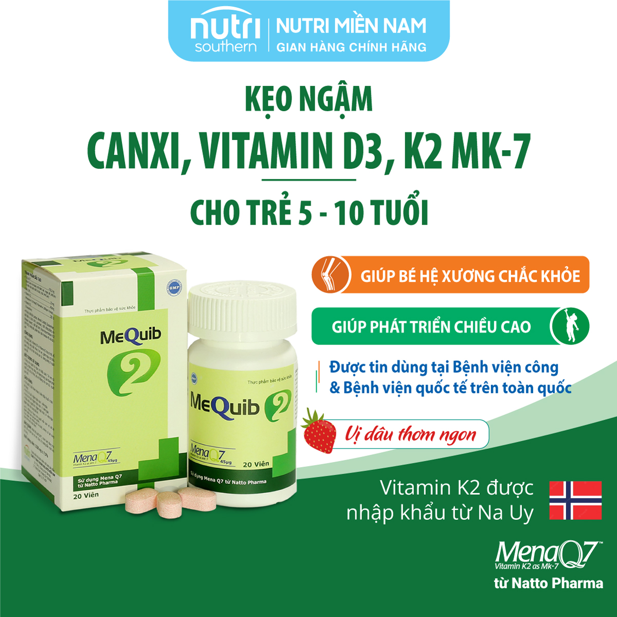 Viên ngậm Vitamin D3 K2 MK7 MenaQ7 và Canxi MEQUIB 2 - Giúp xương chắc khỏe, tăng cường phát triển chiều cao (hộp 20 viên)
