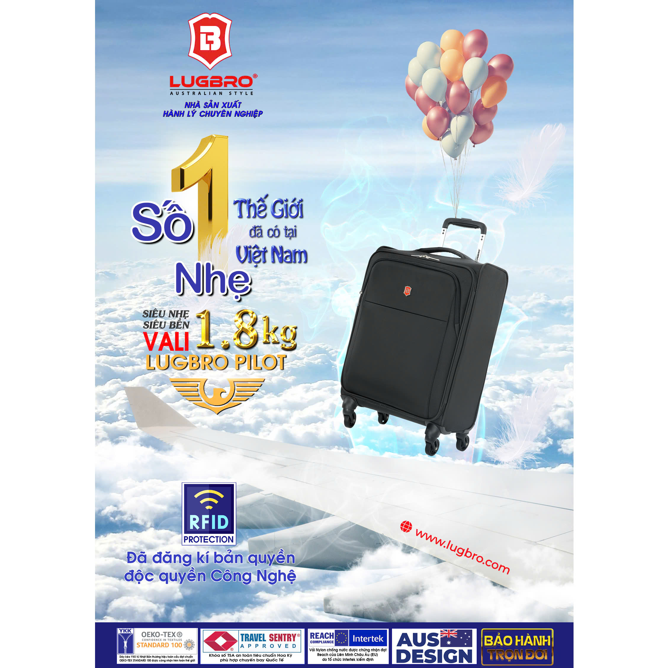 Vali Hành Lý Xách Tay Siêu Nhẹ 1.8kg LUGBRO PILOT - Hàng Chính Hãng - Bảo Hành Trọn Đời